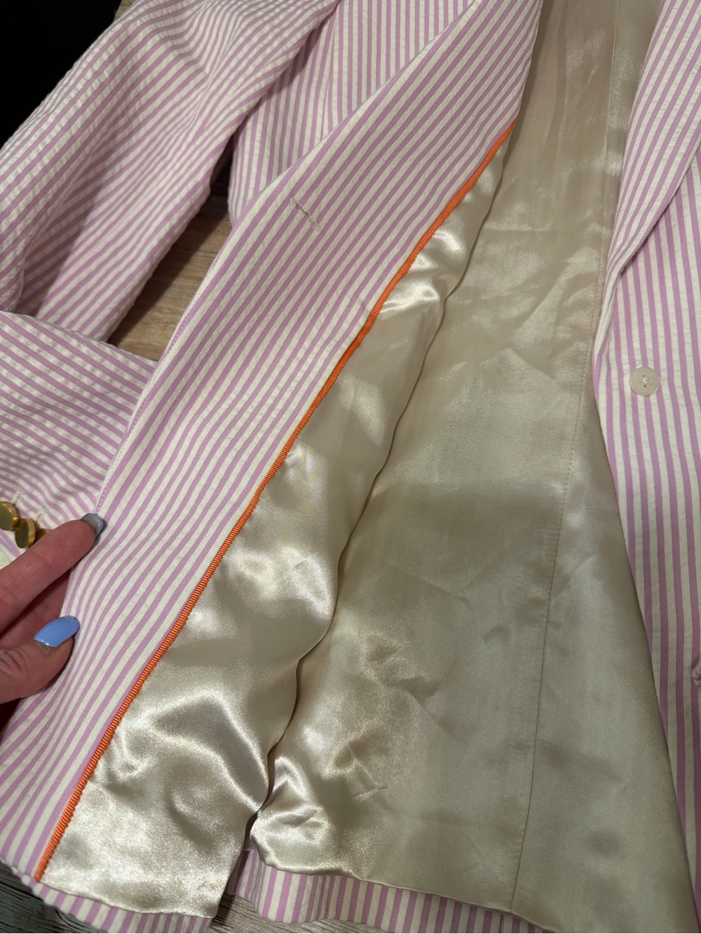 Vintage J Crew Striped Pink Double-Breasted Women’s Pink/Cream Striped Blazer 6 - Picture 4 of 5